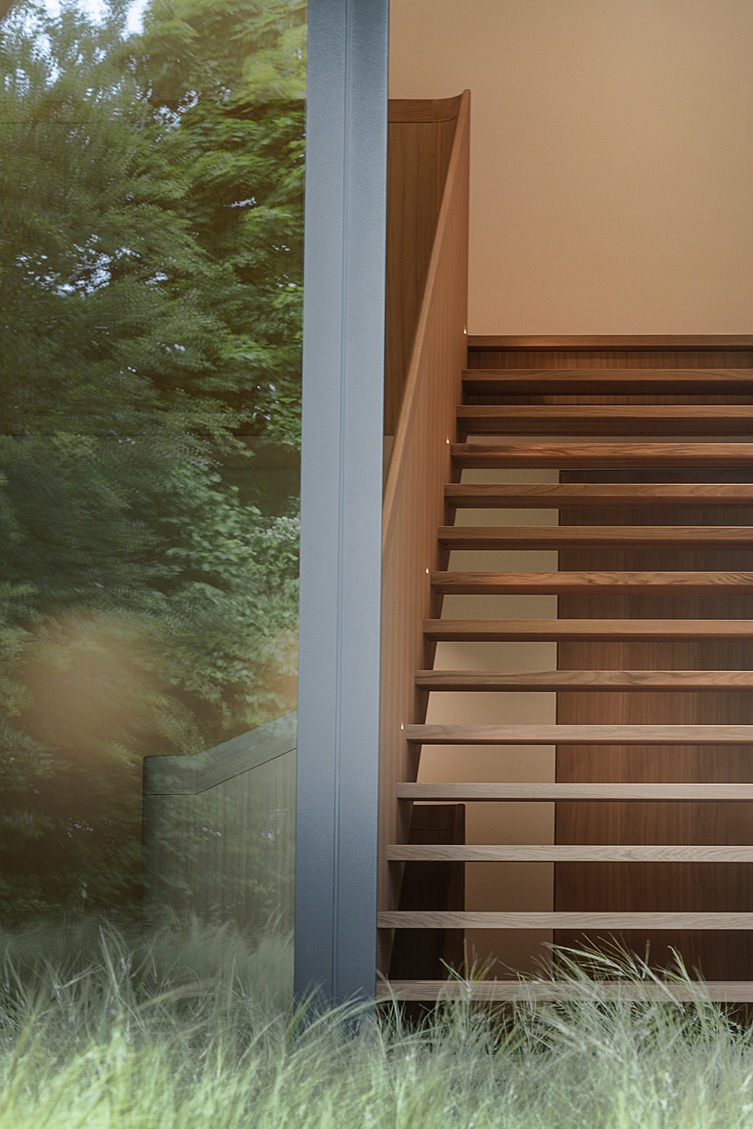 Fotoaufnahme von aussen nach innen, Architekturdetail mit Treppe